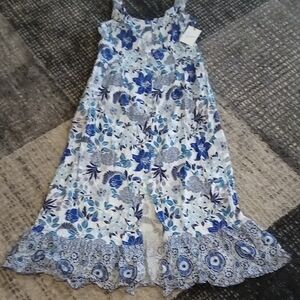 Japna Floral Blue and White Girls Faux Buttonfront Long Dress